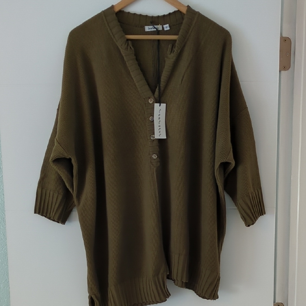 Relaxed Olive Green V-Neck Button Sweater